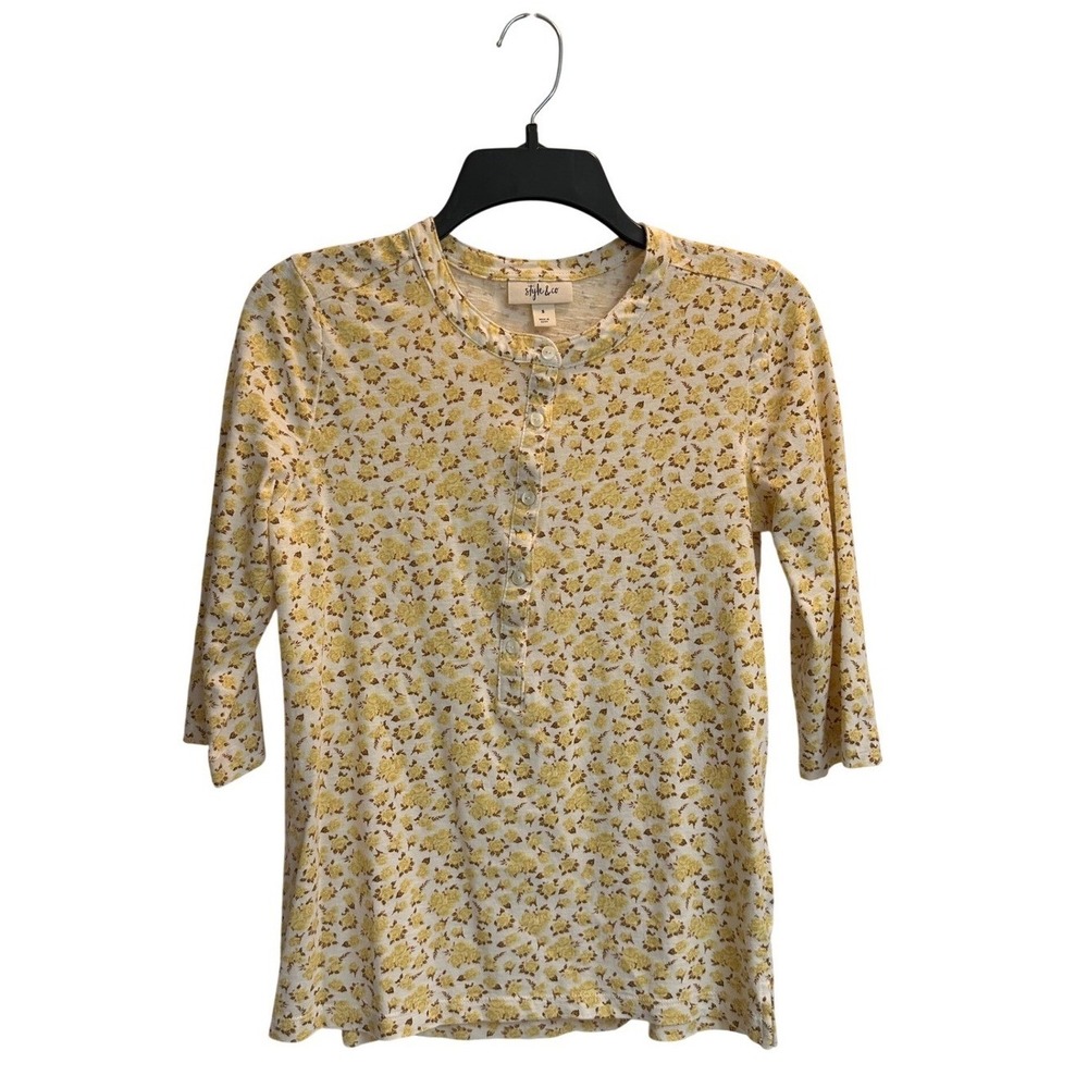 Style & Co Womens Yellow Floral Henley Top 3/4 Sleeve Slub Knit Shirt Small